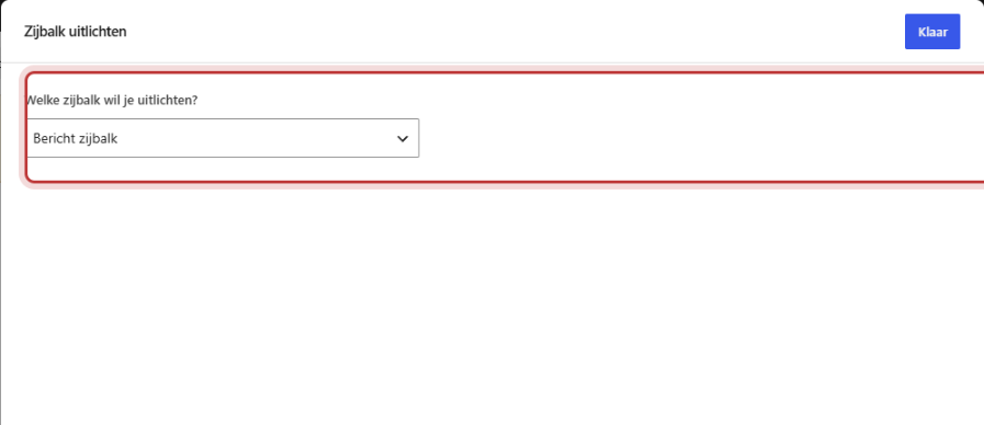 Het blok Zijbalk uitlichten in een kolom op een pagina, met rechts de keuzelijst Welke zijbalk wil je uitlichten? rood omkaderd