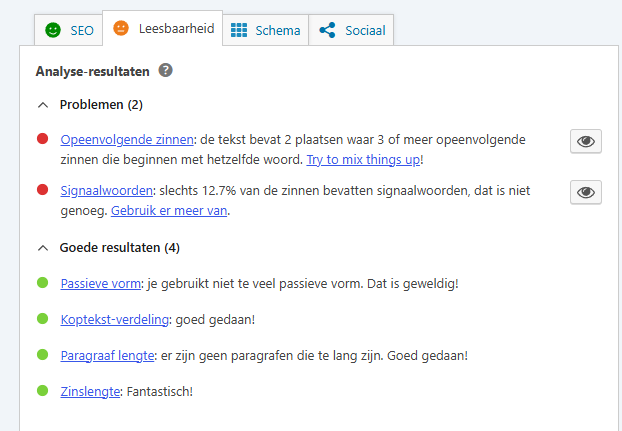 De Leesbaarheidsanalyse van Yoast met de lijst met tips gemarkeerd