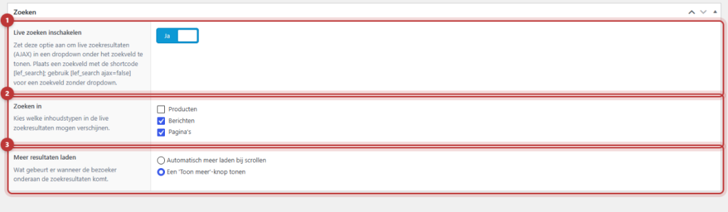 De pagina Zoeken met de schakelaar Live zoeken inschakelen, de vinkjes bij Zoeken in en de keuze Meer resultaten laden, rood omkaderd