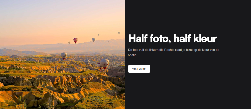 Een sectie met links een foto van een landschap en rechts een zwart vlak met witte tekst en een witte knop