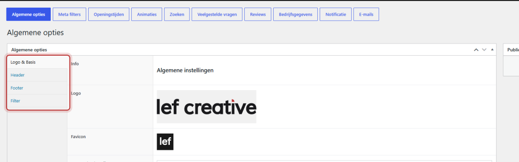 De hoofdpagina van de Algemene opties met de tabbladen Logo & Basis, Header, Footer en Filter rood omkaderd