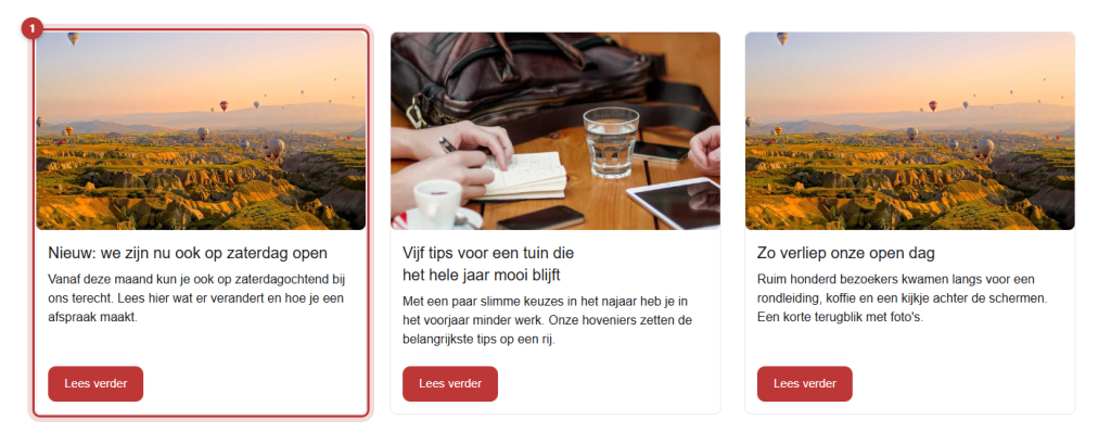 Drie berichten als cards in een overzicht met foto, titel, korte tekst en een knop Lees verder, waarvan de eerste card gemarkeerd is