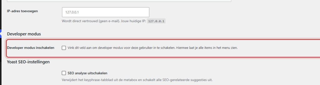 Het gebruikersprofiel met het vinkje Developer modus inschakelen gemarkeerd