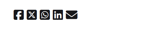 Vijf deelknoppen naast elkaar op de website: Facebook, X, WhatsApp, LinkedIn en een envelop voor e-mail