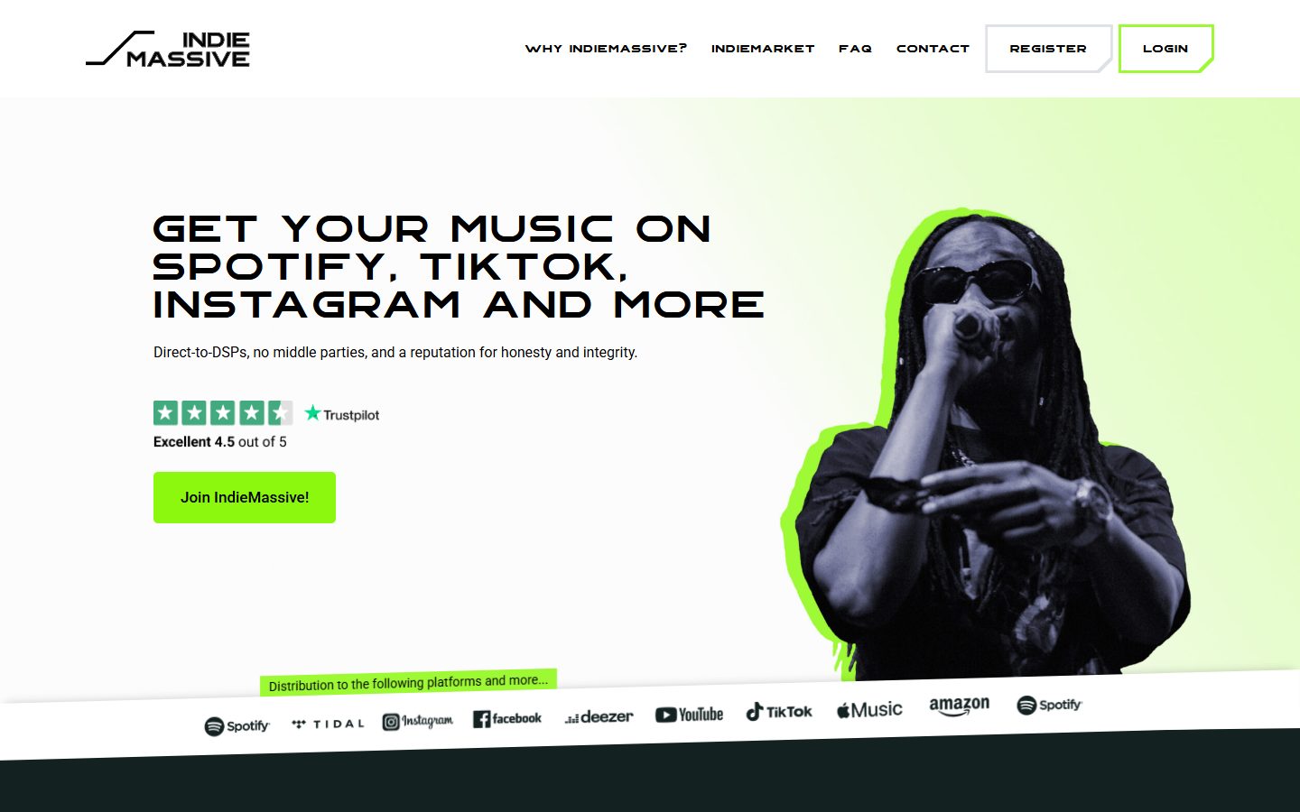 IndieMassive homepage: get your music on Spotify, TikTok and Instagram