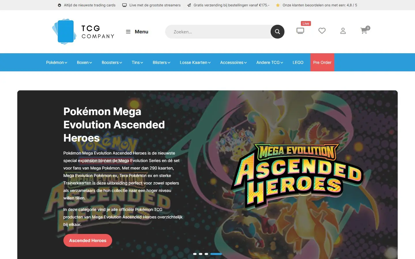 TCG Company homepage with Pokémon cards