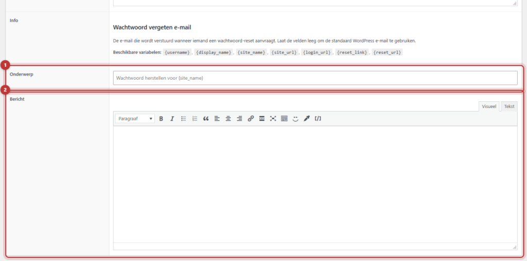 De pagina E-mails met onder Wachtwoord vergeten e-mail de velden Onderwerp en Bericht en de lijst met beschikbare variabelen, rood omkaderd