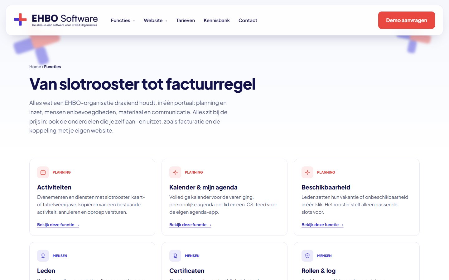 Alle functies op een rij op de website van EHBO Software