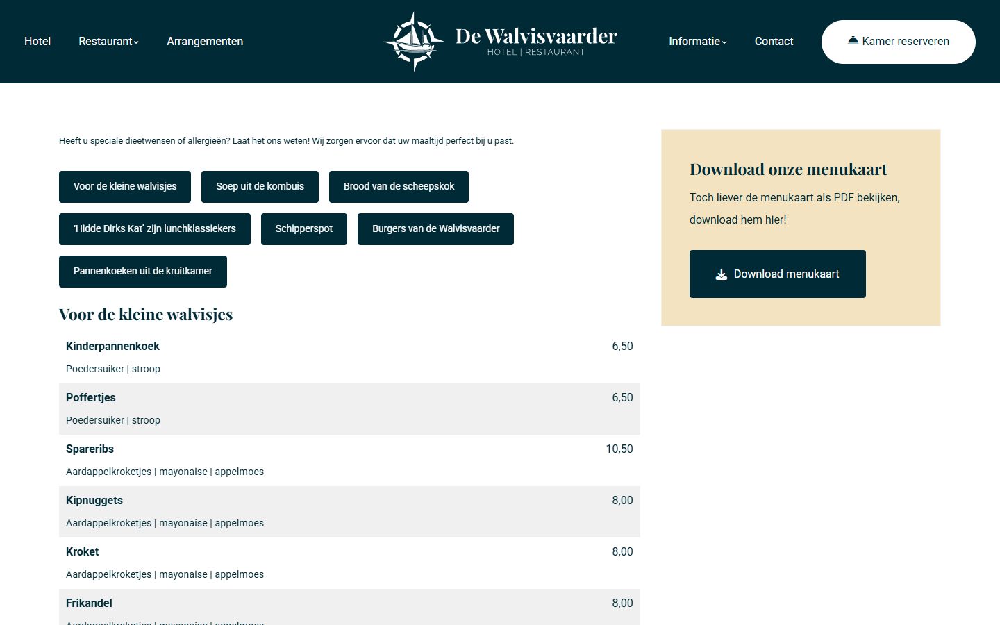 Menu on De Walvisvaarder website