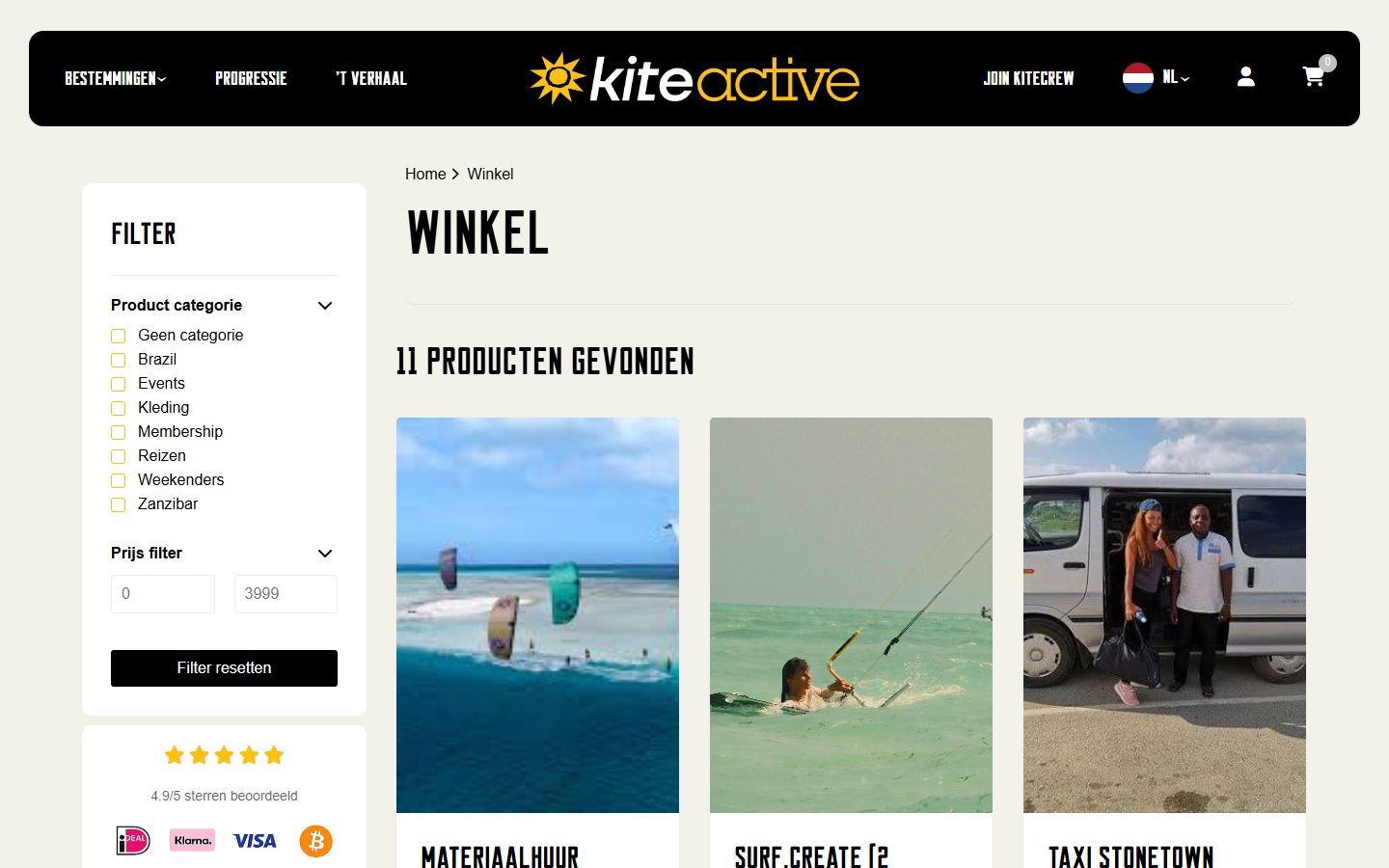 Webshop op de site van KiteActive