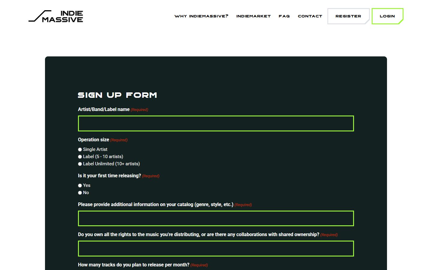 Sign-up form on the IndieMassive website