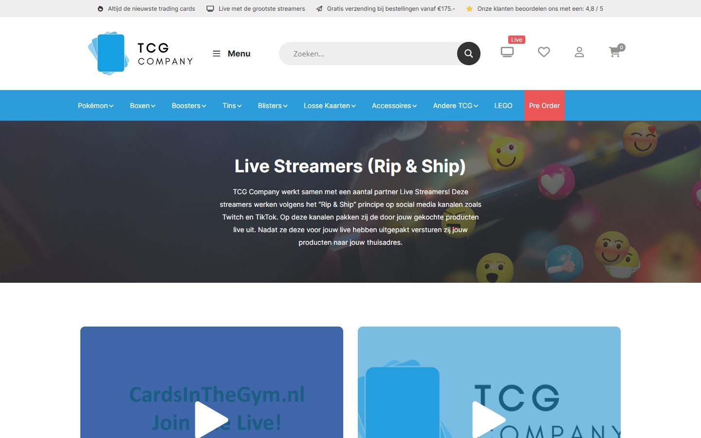 Live streamers (Rip & Ship) on the TCG Company website