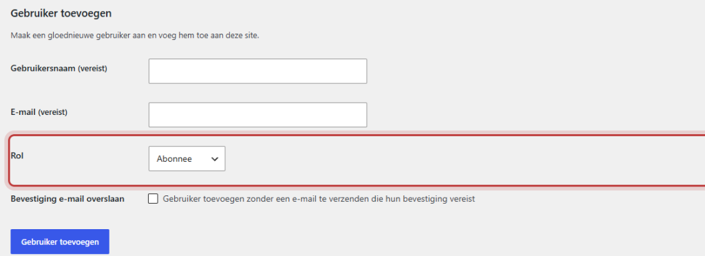 De keuzelijst Rol uitgeklapt met de rollen Editor en Beheerder gemarkeerd