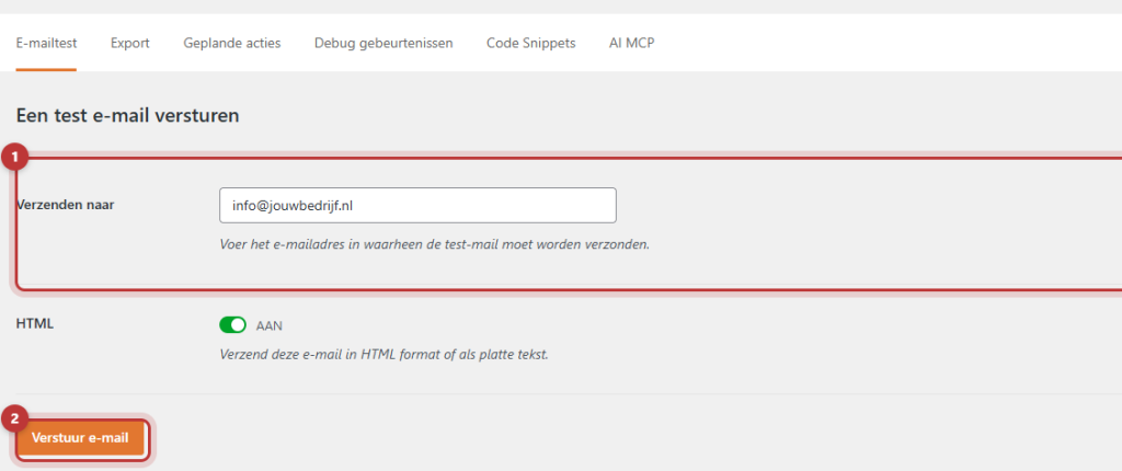 Het tabblad E-mailtest van WP Mail SMTP met het veld Verzenden naar en de knop Verstuur e-mail gemarkeerd