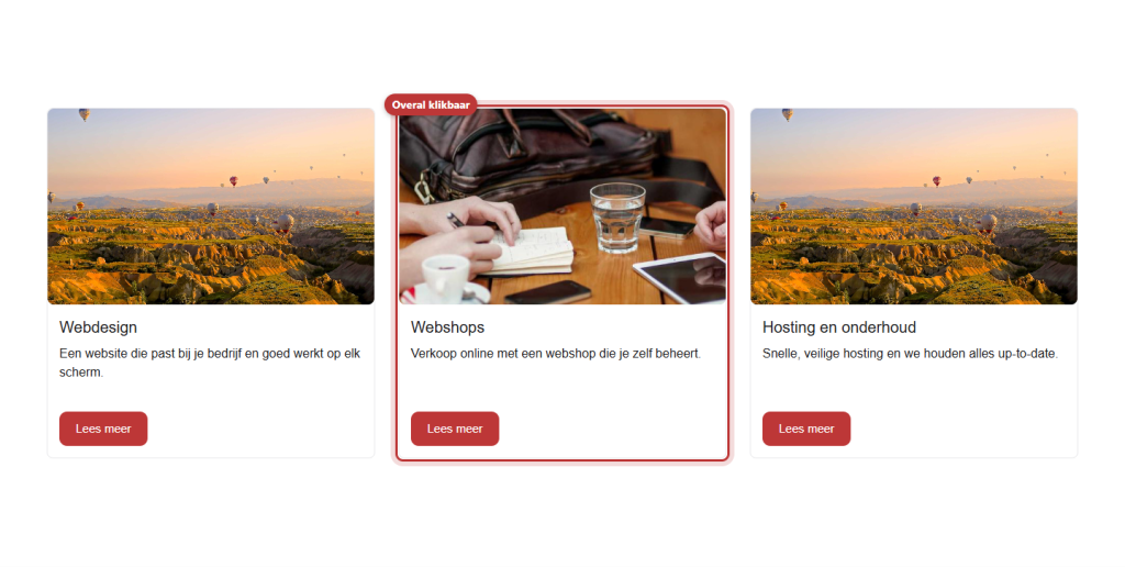Drie cards met foto, titel, tekst en knop naast elkaar, de middelste card Webshops rood omkaderd met het label Overal klikbaar