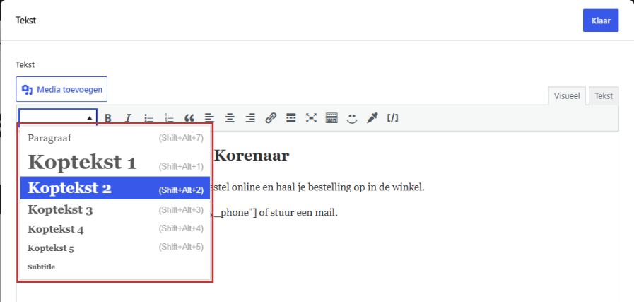 Het Tekst-blok met het keuzemenu voor de opmaak open en Heading 2 gemarkeerd