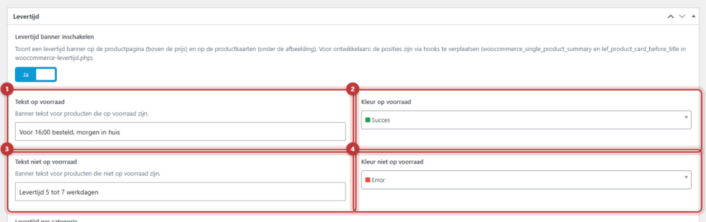 De pagina Algemene opties, Levertijd met de velden Tekst op voorraad, Kleur op voorraad, Tekst niet op voorraad en Kleur niet op voorraad gemarkeerd