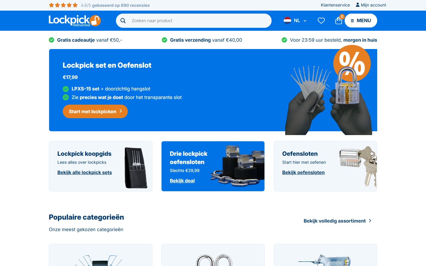 Homepage van Lockpick Webwinkel op desktop