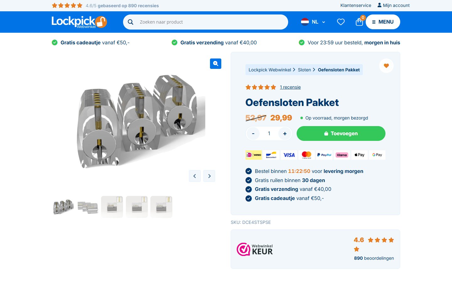 Een productpagina die helpt kiezen op de website van Lockpick Webwinkel