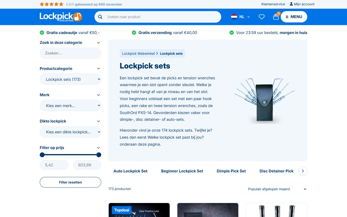 Sets per type op de website van Lockpick Webwinkel