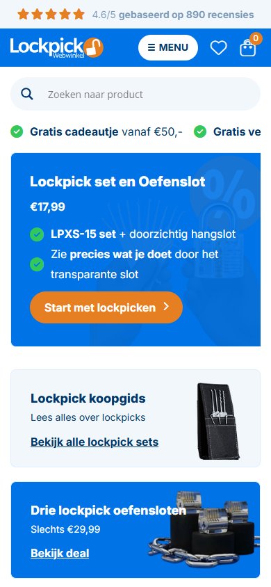 Website van Lockpick Webwinkel op mobiel, scherm 1