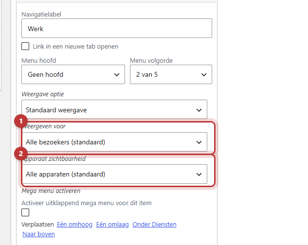 Een opengeklapt menu-item met de keuzelijsten Weergeven voor en Apparaat zichtbaarheid, rood omkaderd