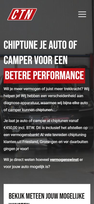 Chiptuning Noord website on mobile: homepage