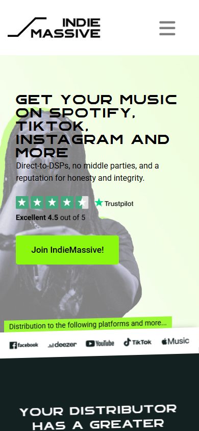 IndieMassive website on mobile: homepage