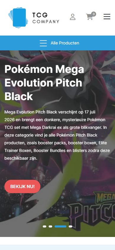 TCG Company webshop on mobile: homepage