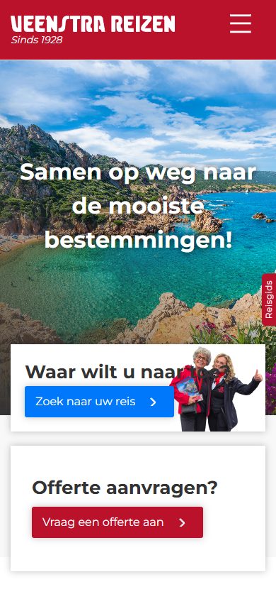 Veenstra Reizen website on mobile: homepage