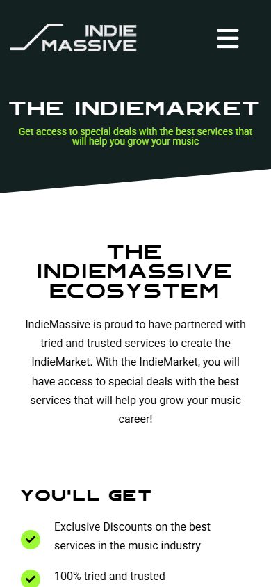 IndieMassive website on mobile: the IndieMarket