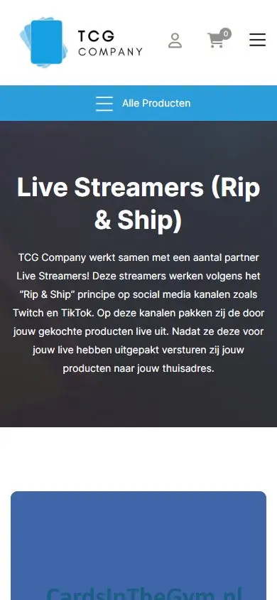 TCG Company webshop on mobile: live streamers