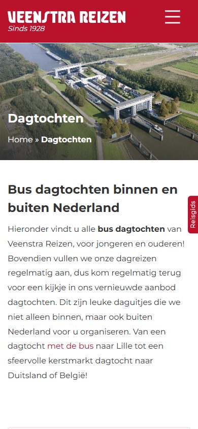 Veenstra Reizen website on mobile: day trips