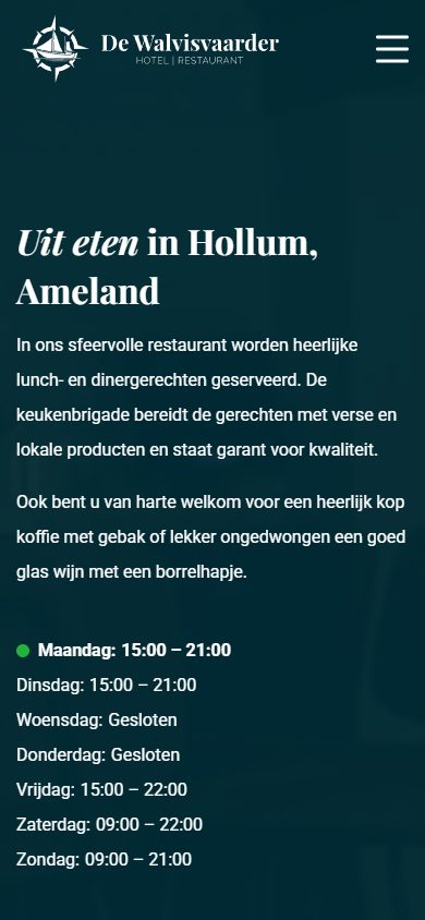 De Walvisvaarder website on mobile: restaurant