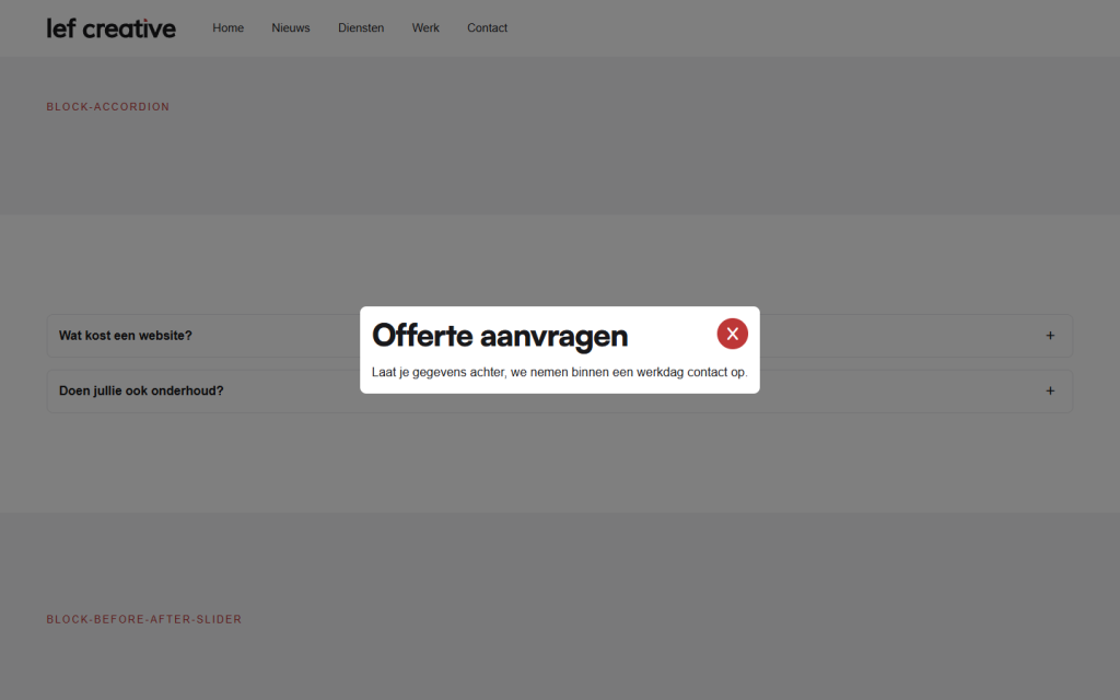 Een geopende pop-up met de titel Offerte aanvragen en een rond rood sluitkruisje, over een donker gemaakte pagina