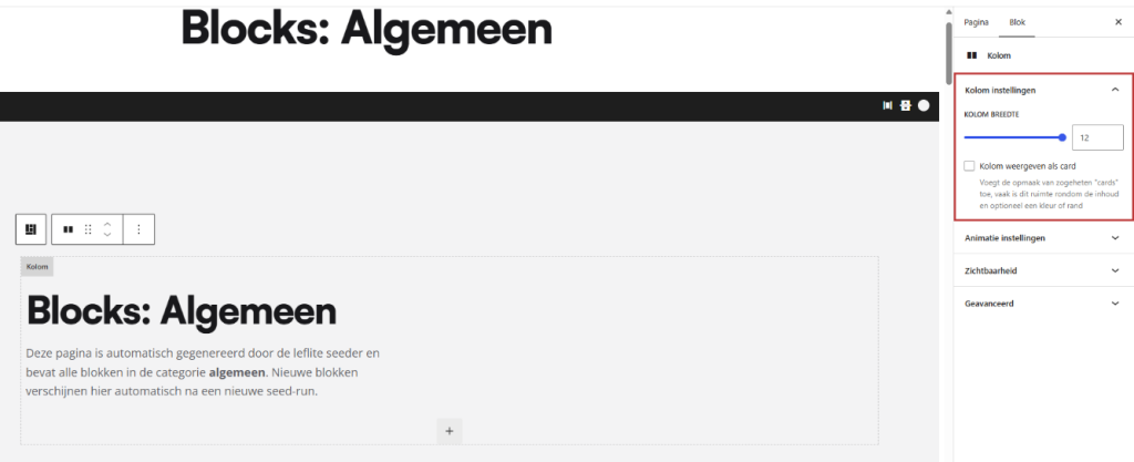 Een kolom geselecteerd met in de zijbalk het paneel Kolom instellingen en de schuifregelaar Kolom breedte gemarkeerd