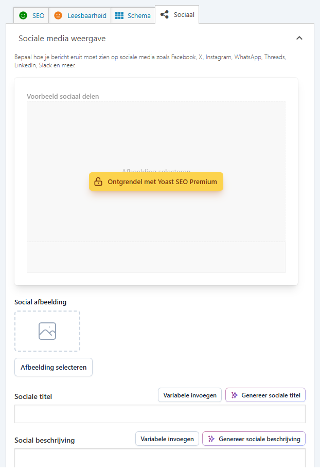 Het tabblad Sociaal van Yoast SEO met de Social afbeelding en het voorbeeld van een gedeelde pagina gemarkeerd