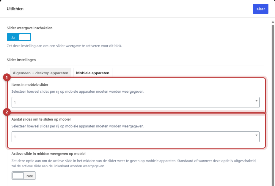 Het onderdeel Slider instellingen op het tabblad Mobiele apparaten, met Items in mobiele slider op 1.25 gemarkeerd