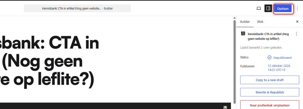 Een builder geopend in de editor met rechtsboven de knop Bijwerken gemarkeerd