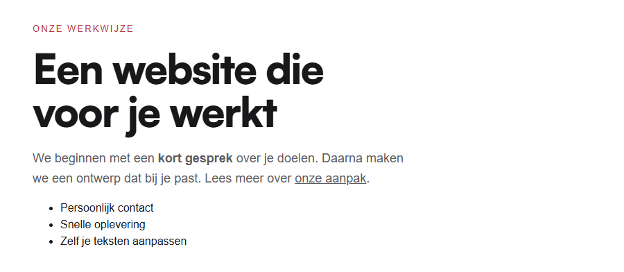 Opgemaakte tekst op de website: een kleine rode Subtitle, een grote kop, een alinea met een vet woord en een link, en een opsomming