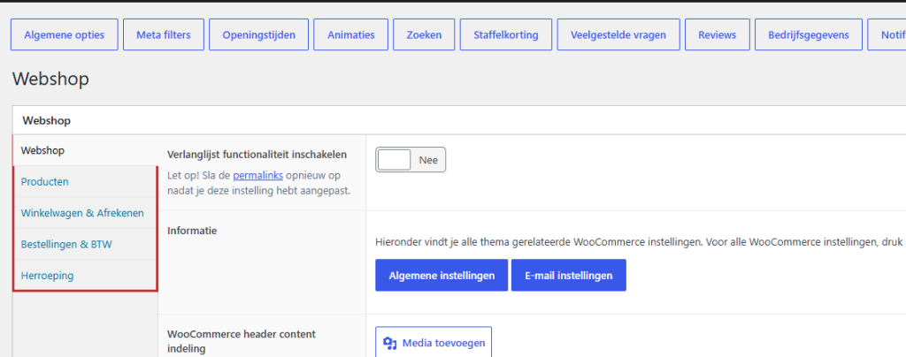 De pagina Algemene opties, Webshop met de vijf tabbladen Webshop, Producten, Winkelwagen en Afrekenen, Bestellingen en BTW en Herroeping gemarkeerd